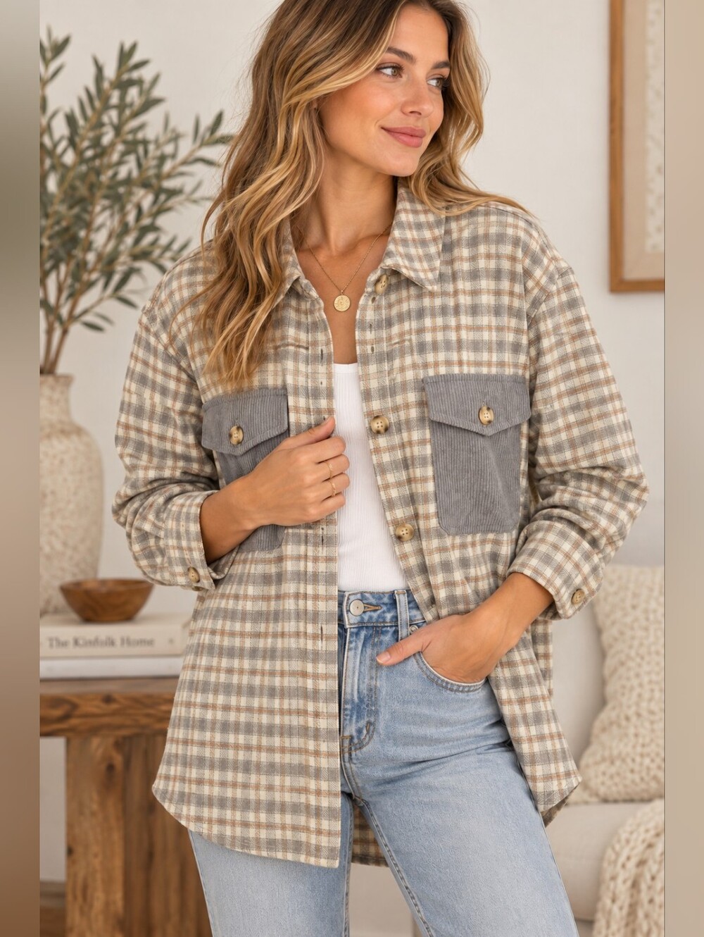 MINE Plaid Shacket Size Large Gray Beige Corduroy Pocket Button Down